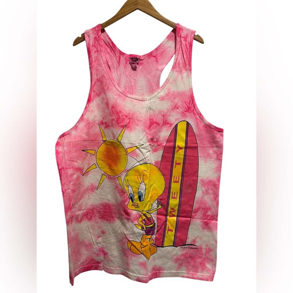 Vintage 1997 Tweety Bird Looney Tunes Tank Top Tie Dye Racer Back Pink Size XL‎